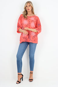 Italian Cotton Top Bloom Print Coral Sz 8-18