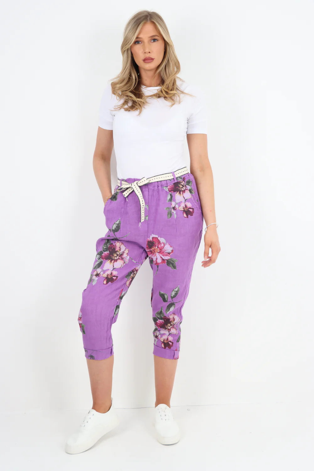 Italian Linen Floral 3/4 Pants ~ Purple Sz 8-14