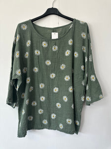 Italian Made Cotton Top Ditsy Floral ~ Khaki Sz 8-18