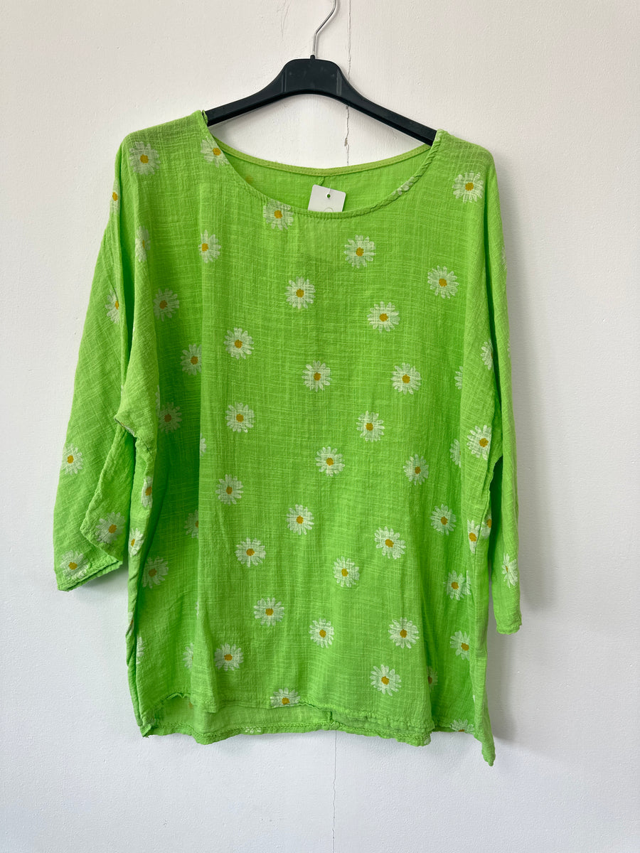 Italian Made Cotton Top Ditsy Floral ~ Lime Sz 8-18