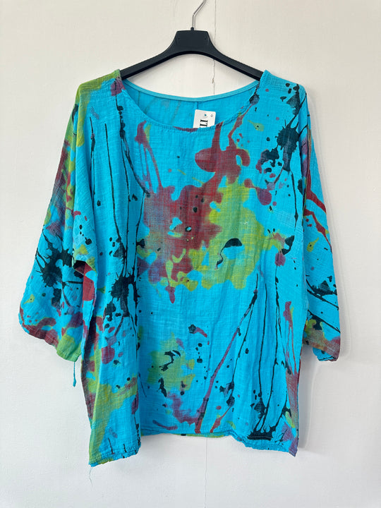 Italian Made Cotton Top Splash Print ~ Turquoise Sz 8-18