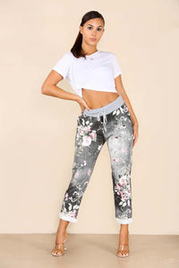 Italian Stretch Cotton Trousers ~ Floral Black