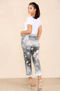 Italian Stretch Cotton Trousers ~ Floral Black