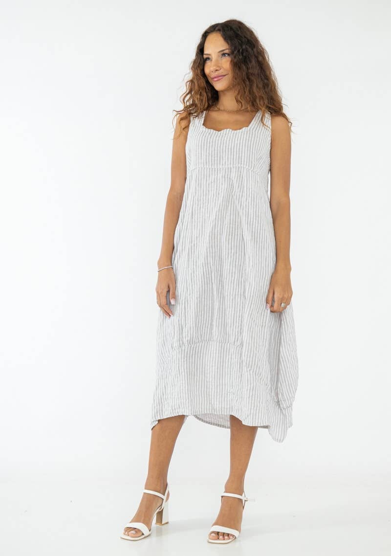 Colette Italian Made Linen Sleeveless Pinstripe Maxi Dress ~ White