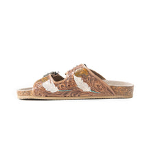 Load image into Gallery viewer, Tooled Leather Sandals Falling Feather ~ Dark Brown
