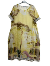 Load image into Gallery viewer, Colette Italian Made Linen Abstract Townscape Dress ~ Light Yellow
