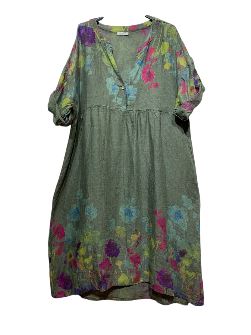 Colette Italian Made Linen Pansy Dress ~ Khaki