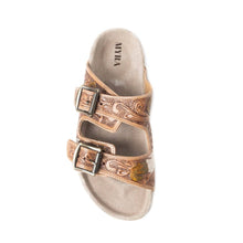 Load image into Gallery viewer, Tooled Leather Sandals Falling Feather ~ Dark Brown
