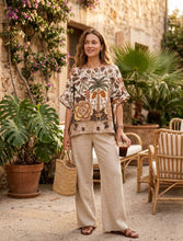 Load image into Gallery viewer, Colette Italian Made Linen Tropic Palm Blouse ~ Blue
