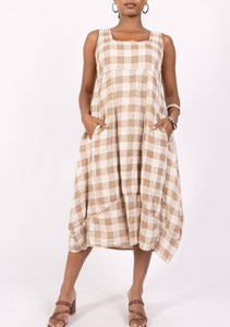 Colette Italian Made Linen Gingham Sleeveless Dress ~ Pale Sky
