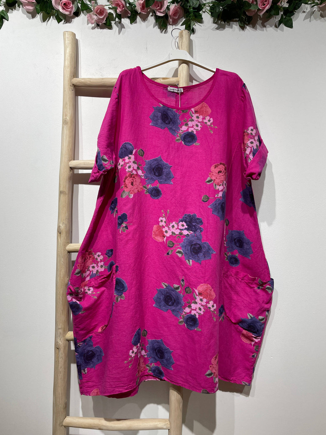 Colette Italian Made Linen Blue Rose Dress ~ Fuschia