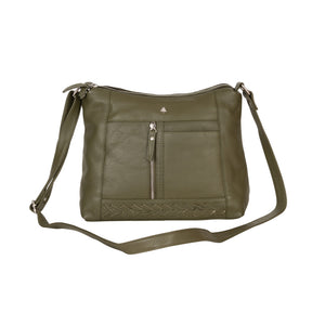 Greenwood Leather Savannah Woven Detail Crossbody Bag ~ Olive Green