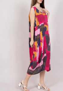 Collette Italian Made Linen Sleeveless Abstract Dress ~ Navy