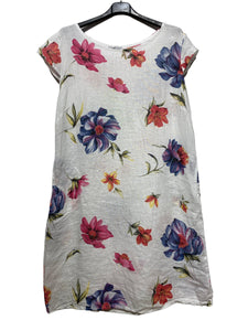 Colette Italian Made Linen Slim Fit Dress ~ Flora White
