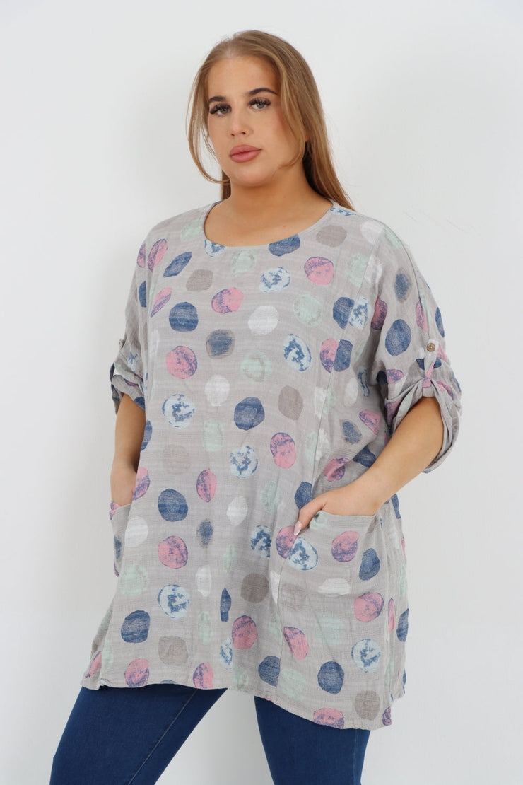 Italian Cotton Top w/Front Pockets Polka ~ Beige Sz 14-22