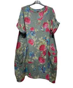 Colette Italian Made Linen Rose Dress ~ Sage