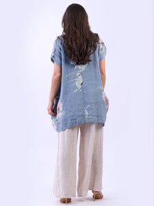 Italian Linen Big Flower Top Denim Sz 14-20