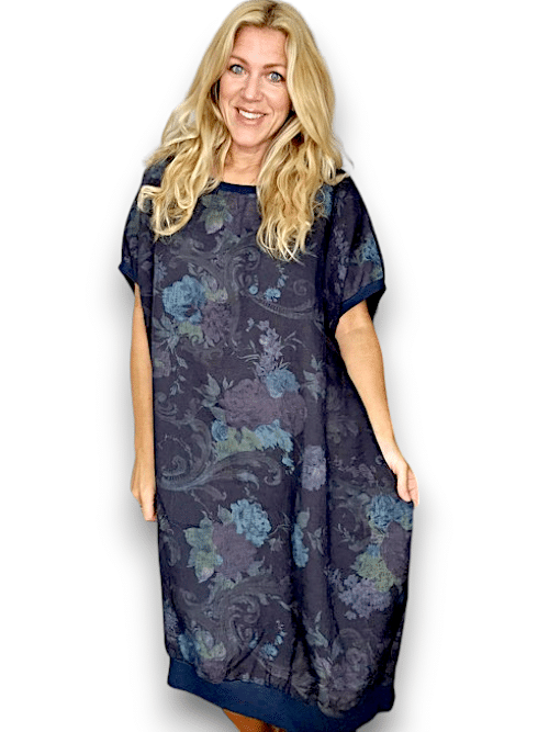 HELGA MAY Italian Linen Elastic Hem 'Twirl' Dress ~ Navy  Jenoa NZ