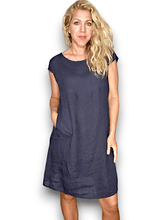 Load image into Gallery viewer, HELGA MAY Italian Linen Slim Fit Plain Dress ~ Navy
