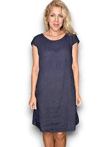 HELGA MAY Italian Linen Slim Fit Plain Dress ~ Navy