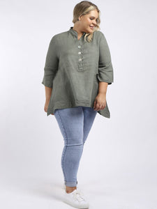 Italian Linen Bell Sleeve Khaki Top Sz 14-20