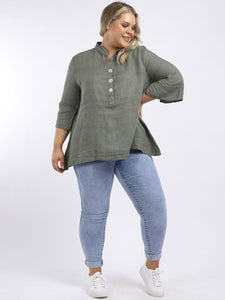Italian Linen Bell Sleeve Khaki Top Sz 14-20