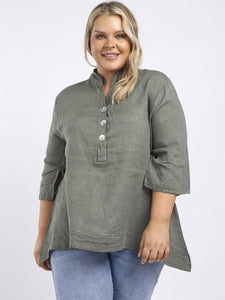 Italian Linen Bell Sleeve Khaki Top Sz 14-20