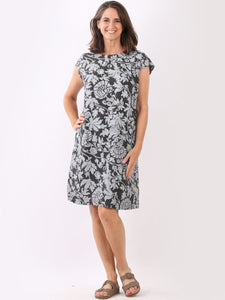 Italian Slim Fit Foliage Charcoal Linen Dress Sz 8-14