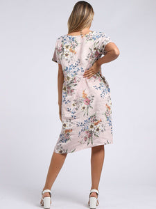 Italian Classic Shift Bouquet Soft Pink Linen Dress Sz 10-16