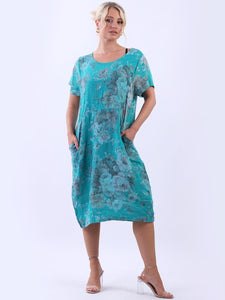Italian Classic Shift Soft Floral Teal Linen Dress Sz 10-16