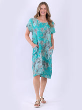 Load image into Gallery viewer, Italian Classic Shift Soft Floral Aqua Linen Dress Sz 10-16
