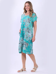 Italian Classic Shift Soft Floral Aqua Linen Dress Sz 10-16