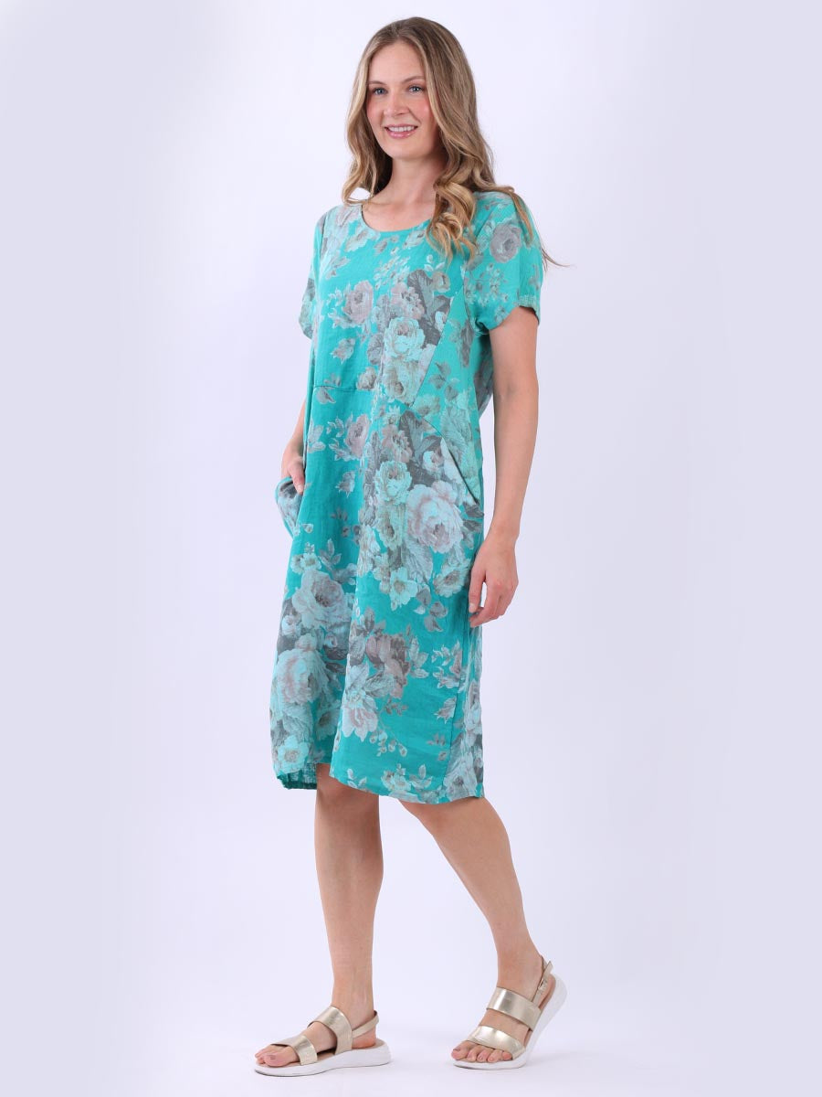 Italian Classic Shift Soft Floral Aqua Linen Dress Sz 10-16