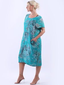 Italian Classic Shift Soft Floral Teal Linen Dress Sz 10-16