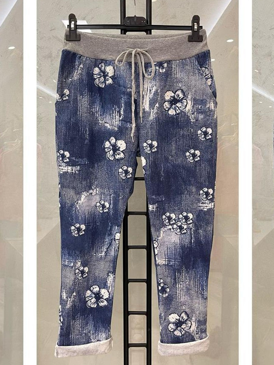 Italian Stretch Cotton Trousers ~ Denim Look Flowers Blue