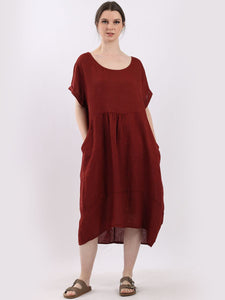 Italian Plain Linen Scoop Neck Dress ~ Rust