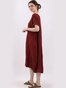 Italian Plain Linen Scoop Neck Dress ~ Rust