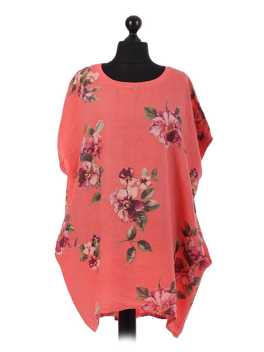 Italian Linen Floral Tunic Dress Coral Free Size