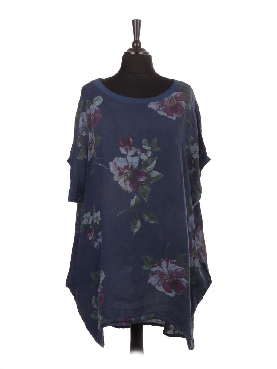 Italian Linen Floral Tunic Dress Navy Free Size