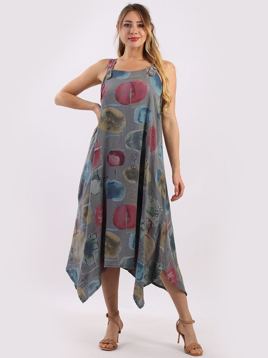 Italian Strappy Abstract Charcoal Linen Dress Sz 10-16