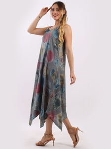 Italian Strappy Abstract Charcoal Linen Dress Sz 10-16