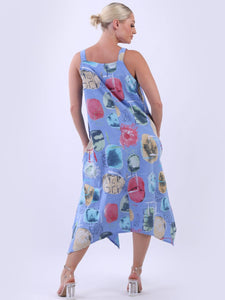 Italian Strappy Abstract Denim Linen Dress Sz 10-16