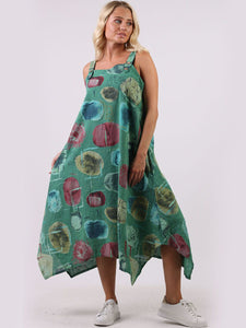 Italian Strappy Abstract Green Linen Dress Sz 10-16