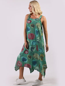 Italian Strappy Abstract Green Linen Dress Sz 10-16