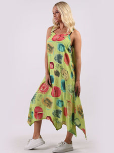 Italian Strappy Abstract Lime Linen Dress Sz 10-16