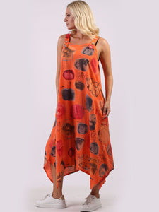 Italian Strappy Abstract Orange Linen Dress Sz 10-16