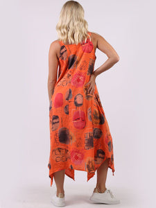 Italian Strappy Abstract Orange Linen Dress Sz 10-16