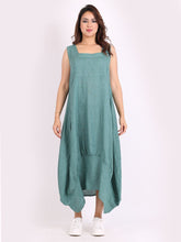 Load image into Gallery viewer, Italian Square Neck Ocean Green Linen Sleeveless Dress Sz 10-18
