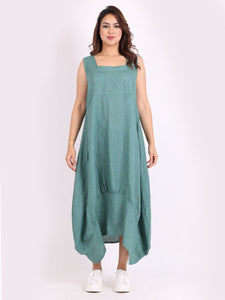Italian Square Neck Ocean Green Linen Sleeveless Dress Sz 10-18