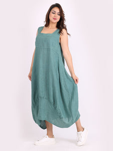 Italian Square Neck Ocean Green Linen Sleeveless Dress Sz 10-18